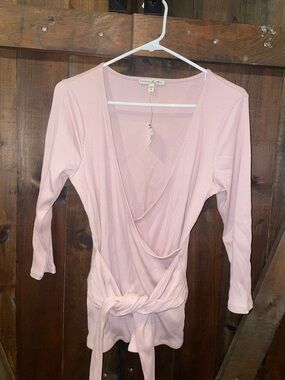 Express Pink Ribbed Wrap Top with Tie Front